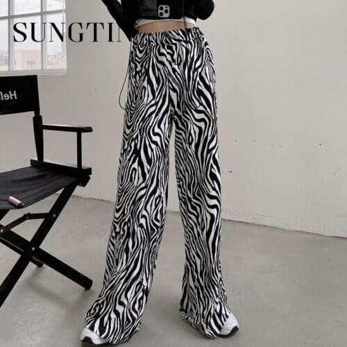 Sungtin Vintage Leopard Wide Leg Pants for Womens Straight Korean Chic Joggers Female Loose Print High Waist Trousers 2021 New