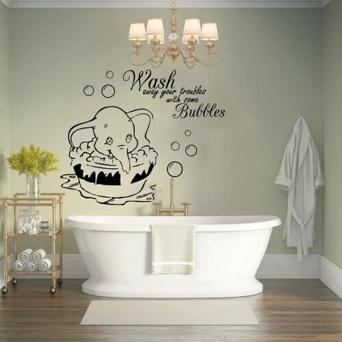 Dumbo Wash Away Your Troubles Wall Sticker Bathroom Toilet Elephant Wash Bubble Inspirational Quote Wall Decal Bath Vinyl Decor