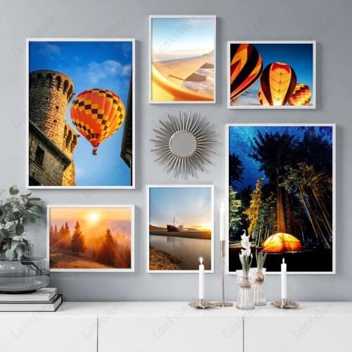 Vintage Wall Art Canvas Painting Car Forest Balloon Bridge Lake Nordic Posters and Prints Hd Wall Pictures for Living Room Decor