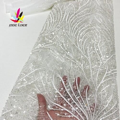 High Quality African Lace Fabrics Nigerian Tulle Lace Beaded Lace Fabric Latest Handmade Beads Lace for Party Wedding