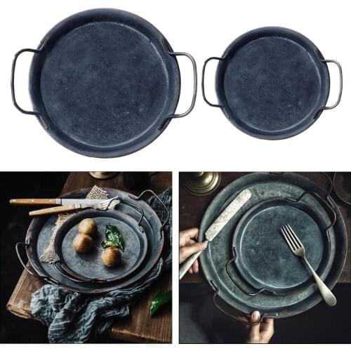 Western Round Retro Metal Plate with Handles for Snack Candy Bread Sandwich