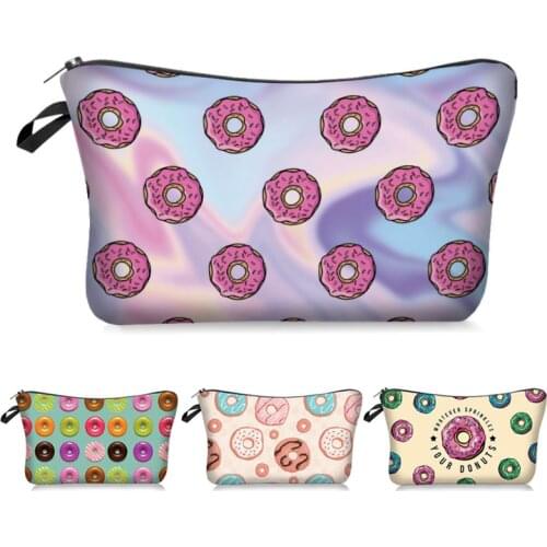 Women Makeup Bag Donut Pattern Cosmetic Bag Waterproof Tissues Mirrors Toiletry Storage Case Beauty Tools Organizer