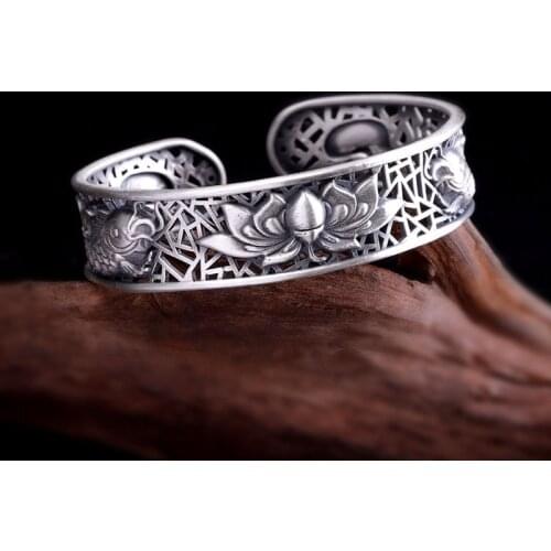 BOCAI New 2021 Trend Wedding Pure Silver s990 Hollow Carp and Lotus Woman Bracelet Auspicious and Good Luck Opening