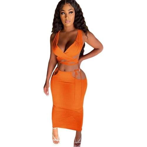 Women Bodycon Casual Dress Summer 2021 Black Girl Solid Color Deep V Neck Tank Top Long Skirts Holiday Party Two Piece Outfits