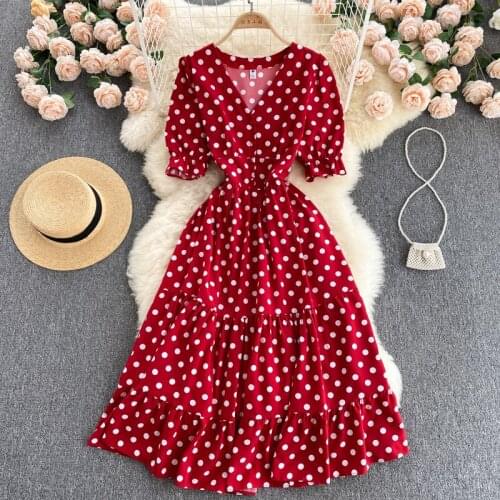 French Style Womens Polka Dot Midi Dress Summer Femme Robe Short-Sleeved V-Neck Single-Breasted Slim A-Line Dress 2021 Vestidos