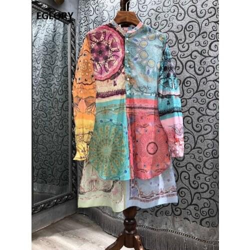 100%Cotton Shirt Dress 2021 Spring Summer Style Women Vintage Print Long Sleeve Casual Loose Long Tops Dress Clothing Ladies