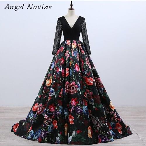 Long Sleeve Ball Gown Floral Print Celebrity Dresses 2020 Corset Back V Neck Formal Evening Gown Angel Novias
