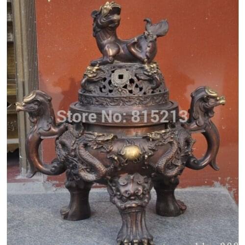 Bi001301 18" Chinese bronze gilt Foo Dog lions Dragon Beast statue incense burner Censer