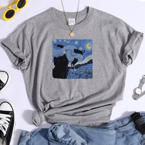 Vincent Van Gogh Starry Night Cute Cat In Painting Print Womens t-Shirt Hip Hop Soft Tops Loose Tshirt Summer Womens Tshirts