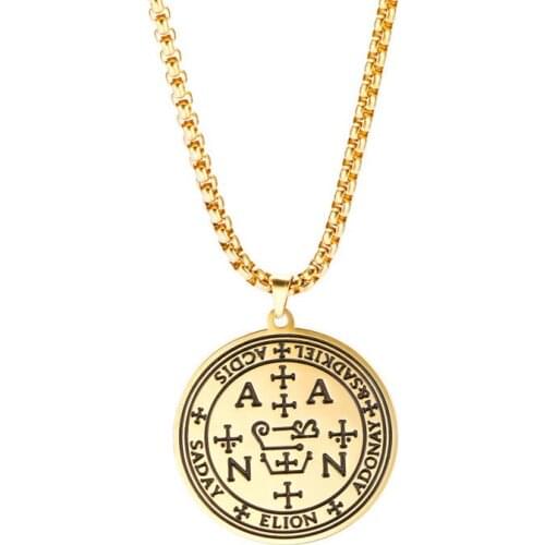 Hot Fashion Stainless steel Sigil of Angel Round Pendant Gold Colour Religious Talisman Viking Necklace for Me Women Jewelry