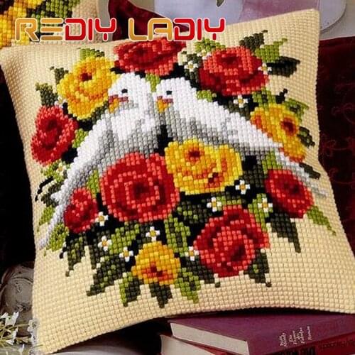 Cross Stitch Cushion Cover Pigeons In Rose Sofa Pillow Chunky Cross-Stitch Kits 100% Acrylic Yarn Pillow Case Hobby & Crafts