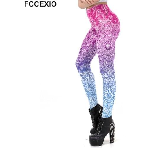 FCCEXIO Pink Mandala Printed Leggings Women Fashion Leggins Workout Fitness Leggins 3D Printed Plus Size Leggings Trousers