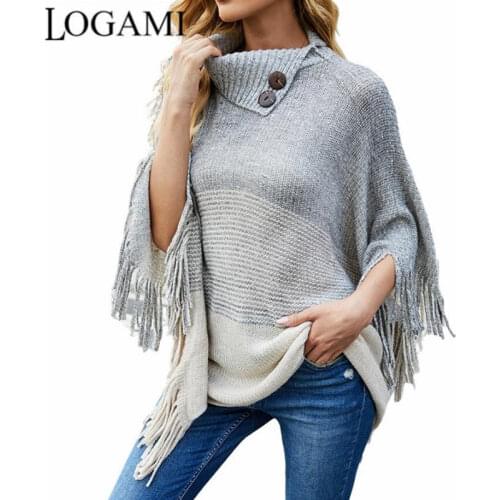 LOGAMI Fringed Cloak Shawl Sweater Half-open Collar Knit Oversized Womens Coats and Capes