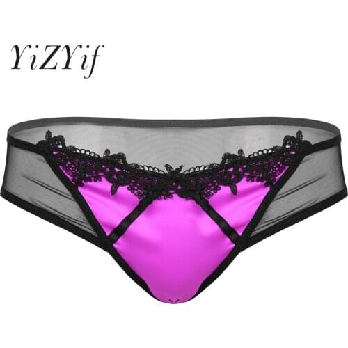 Mens Sexy Lingerie Sissy Underwear Lace Trim Satin Patchwork Briefs Low Rise Elastic Waistband See-through Mesh Back Underpants