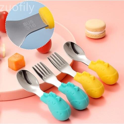 Soft Spoon Fork for Baby Feeding Silicone Tableware Utensil Cute Stainless Steel Toddler Dinnerware Gadgets Baby Spoon Fork Set