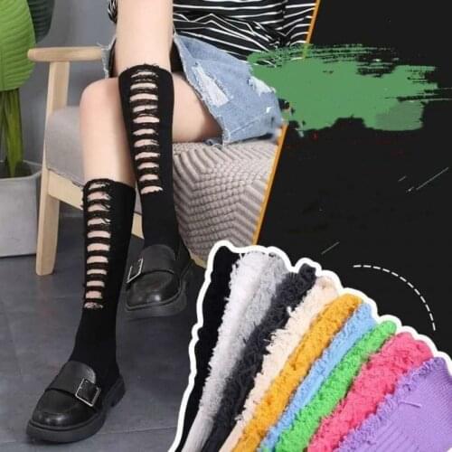 Street art ripped socks, pure cotton long tube pile socks, hand-cut knit socks