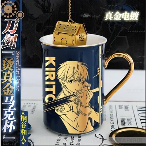 New Cosplay Water Cup Gold stamping Ceramic Coffee Mug Cup&Spoon&Cup lid Xmas Gift Sword Art Online Kirigaya Kazuto Kirito Asuna