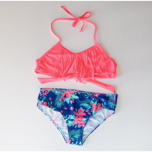 New 10-16 Tears Childrens Tassel Swimwear Two Piece Print Swimsuit Girls 2021 Summer Bikini Sets Kids Swimsuit Lovely Swimwear