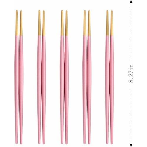 5 Pairs Pink Gold Chinese Chopsticks Japanese Korean Style Glossy Sushi Sticks Noodles Food Tableware Reusable Metal Chopsticks