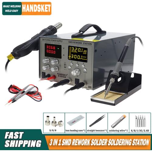 HANDSKIT 9305D SMD Rework Station Hot Air Gun and Soldering Iron DC Power Supply 0-30V 0-5A USB 5V 2A 4-in-1 Soldering Station