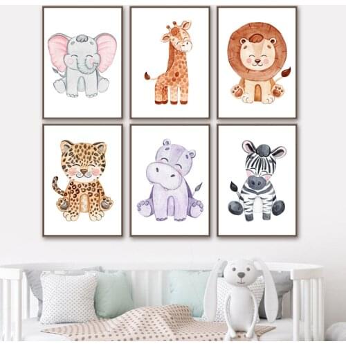 Elephant Giraffe Lion Leopard Hippo Zebra Wall Art Canvas Painting Nordic Posters And Prints Wall Pictures Baby Kids Room Decor