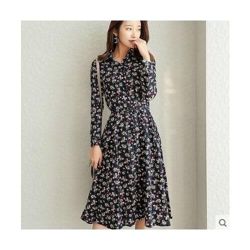 Dress 2019 summer dress vestidos women long sleeve robe femme turn-down collar knee-length floral print one piece dresses S-2XL