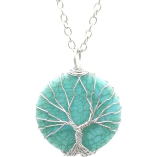FYSL Silver Plated Wire Wrap Round Green Turquoises Stone Pendant Link Chain Necklace Tree of Life Jewelry