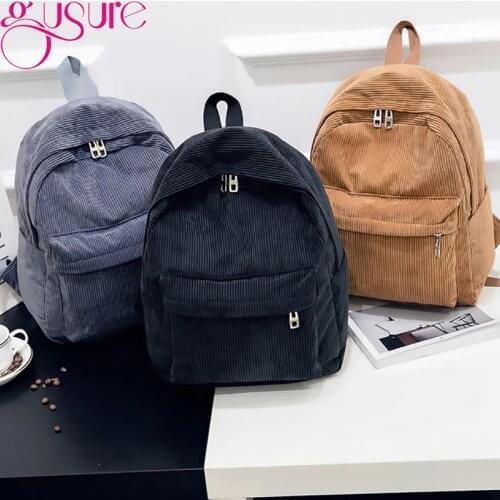 Gusure Casual Corduroy Backpack Women School Backpack Soild Color Ladies Rucksack Teengers School Pack Female Travel Knapsack