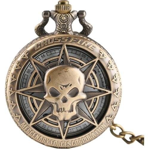 Retro Bronze Steampunk Hollow Caribbean Pirate Skull Head Horror Quartz Pocket Watch with One Piece Necklace Chain for Men Women