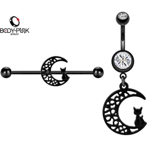 BODY PUNK Cat Moon Industrial Barbell Piercing Ear Cartilage Earring Helix Stud Straight Long Bar Earring Body Jewelry Women