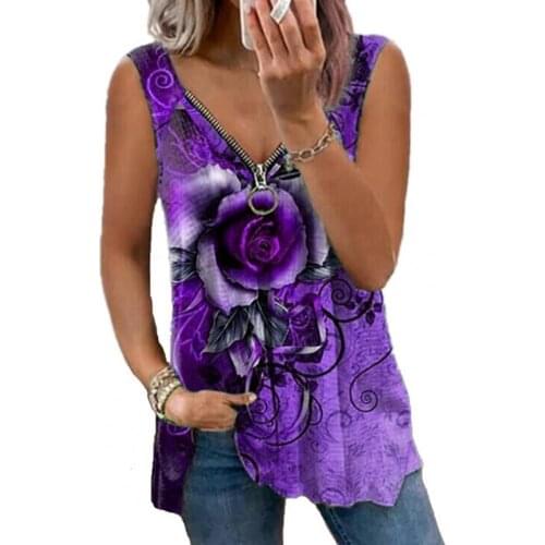 New Women Summer Vest Tops Rose Floral Print Zipper Summer Loose Sleeveless V Neck Top for Dating Streetwear