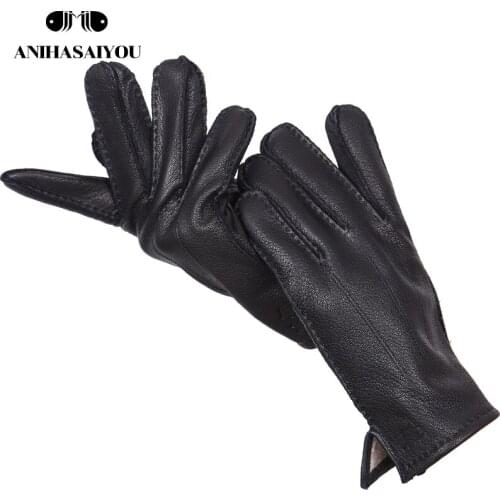 High-end fashion black Mens gloves sheepskin leather gloves men Keep warm winter gloves men 70% wool lining-8012J