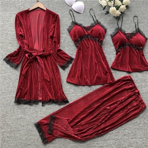 JULYS SONG Velvet Women 4 Pieces Pajamas Set Lace Sexy New Pajamas Sleepwear Robe Nightdress Warm Winter Spring Homewear