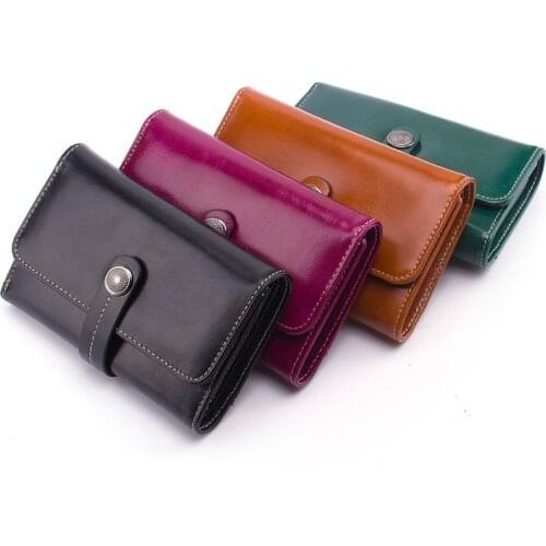 Womens Genuine Leather Long Wallet Multi-card Slot Three-fold Wallet Oil Wax Cowhide Leather Zipper Buckle Wallet Card Holder