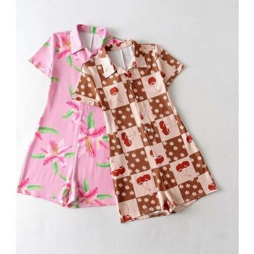 2021 Summer New Two-color Fashion Button Slim Stretch Jumpsuit Women Vintage Sexy V-neck Fashion Print Jumpsuit Short Pants