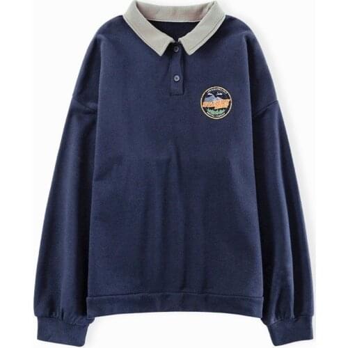 Vintage POLO Collar Letters Print Streetwear Sweatshirt Women for Teen Girls Harajuku Korean FASHION Kawaii Clothes Pullovers