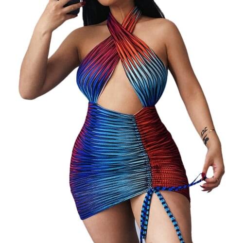 2021 Newest Women Sexy Hollow Out Blue Halter Neck Sleeveless Short Dress, S/ M/ L