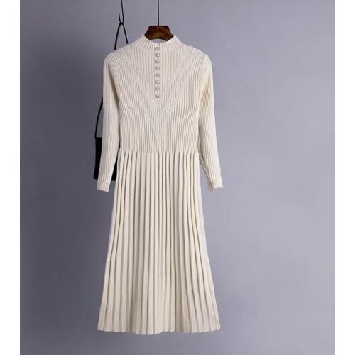 Women Casual Solid Office Lady O neck Single Breasted Long Sleeve Mid Dress White 2021 New Fahsion Spring Autumn Dress
