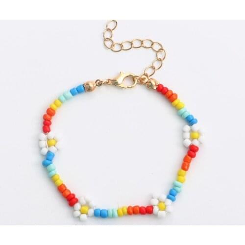 Sweet Plastic Beaded Anklet Gold/Silver Color Metal Multicolor Flower Girl Summer Beach Ankle Bracelet Women Jewelry, 1Piece