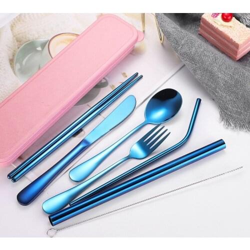 304 stainless steel portable tableware box 7-piece set knife fork spoon chopsticks Straw set outdoor tableware set