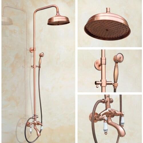 Antique Red Copper Brass Dual Ceramic Handles Bathroom 8 Inch Round Rain Shower Faucet Set Tub Mixer Tap Hand Shower mrg531