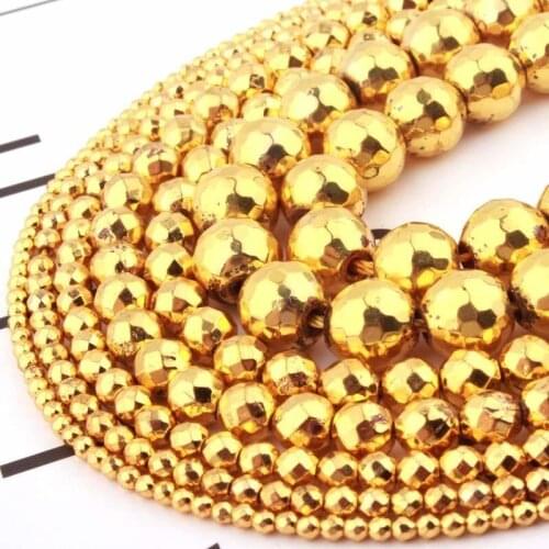 Natural Gold Hematite Faceted Round Loose Beads 2/3/4/6mm Stone Beads For DIY Necklace Bracelet Jewelry Making Strand 15"