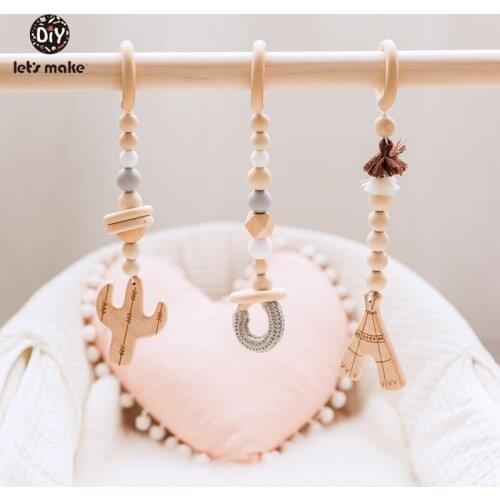 Lets Make Wooden Rattle Set 4-6 Months Baby Bed Hanging Rattles Toys Cactus Shape Cartoon Silicone Beads Bpa Free Baby Bed Bell