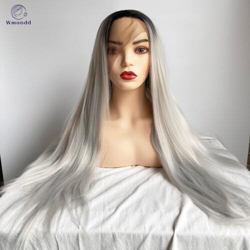 Wmandd Long Straight Synthetic Wigs Ombre Black Silver Wigs For Women Cosplay Party Free Part Hair Wig High Temperture Fiber