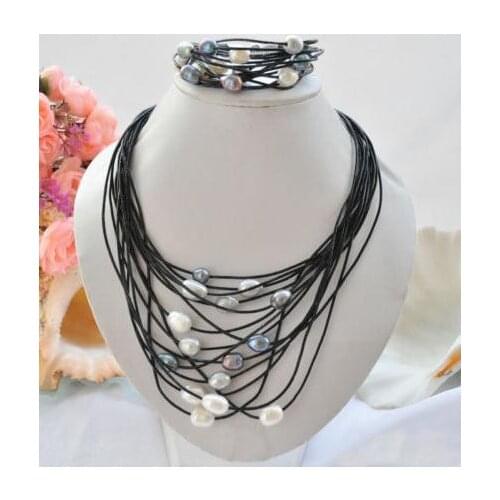 Elegant Handmade Real Pearl Jewelry Set 15row 13mm Black Gray White Rice Freshwater Pearl Black Leather Necklace Bracelet