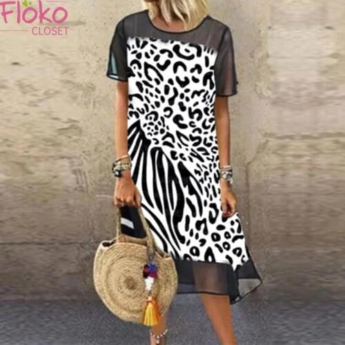 Flokocloset Summer Leopard Mesh Stitched Loose Midi Dress Sexy Short Sleeve O-Neck Gauze Party Sundress for Women