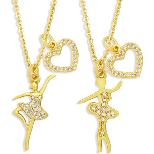 FLOLA Copper CZ Ballet Necklace Pendant Gold Chain Small Love Heart Necklace Jewelry For Women Girls Gift nkew15