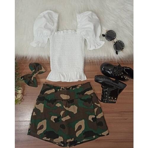 FOCUSNORM Fashion Summer Girls Clothes Sets 1-6Y Off Shoulder Puff Sleeve T Shirts Camouflage A-Line Skirts 2pcs