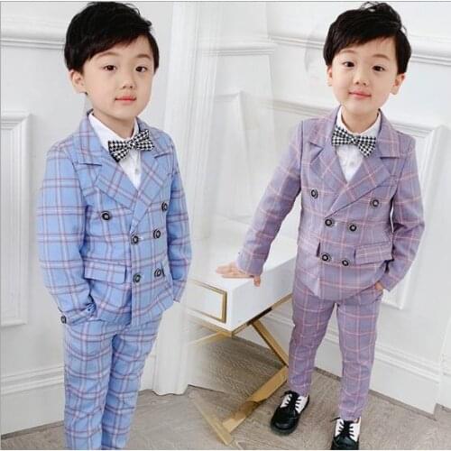 Summer Kids Boys Formal plaid Suits Blazers Sets Clear Gentleman Kids Baby Boys Suit Pant 2PCS /Set wedding party boys clothes