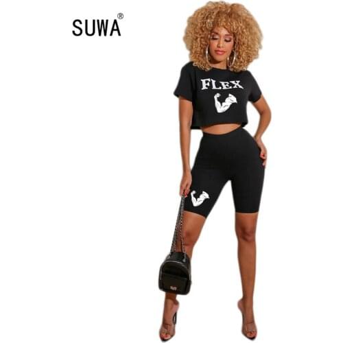 Power arm & letter print fitness summer women 2 piece set short sleeve t shirts + high waist bikers shorts matching set